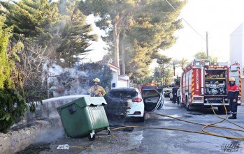 Un incendio en la frontera entre Elda y Petrer calcina un veh&iacute;culo y un contenedor